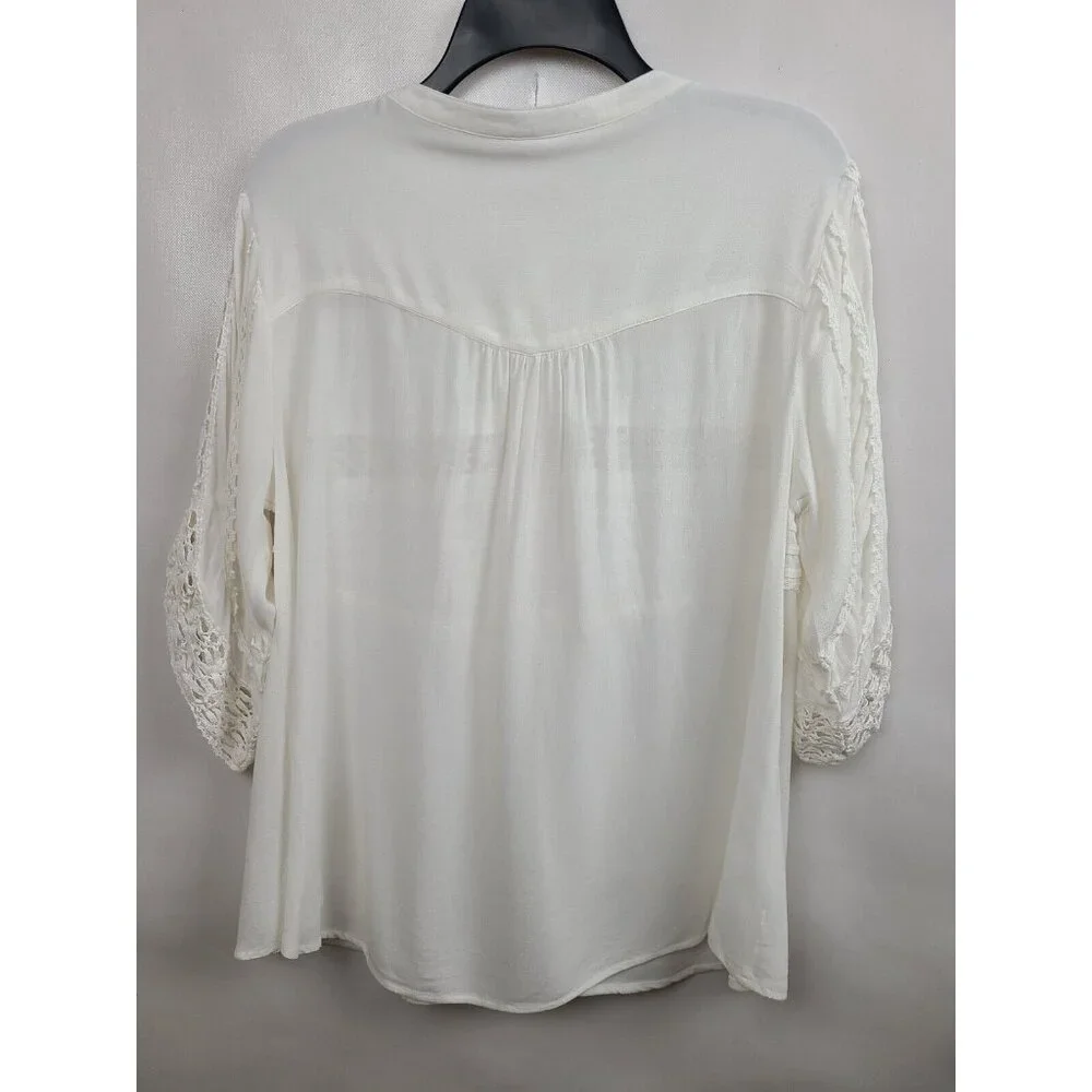 Free People Womens White‎ Crochet Blouse Top Small BOHO 3/4 Sleeve Fairy Cottage